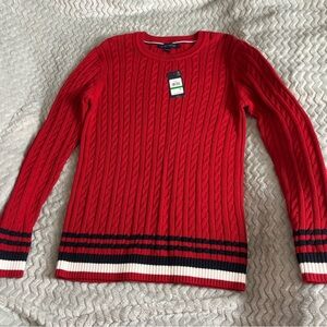 Tommy Hilfiger Red Cable Knit Cardigan with Black and White Stripes